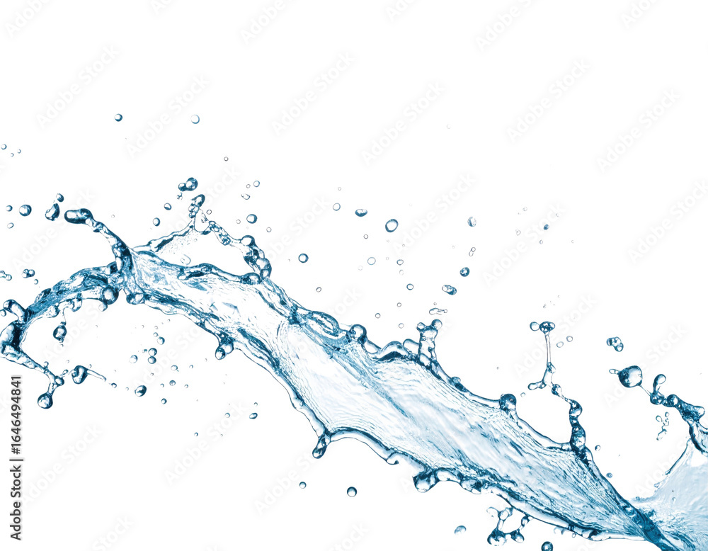 Poster dynamic splash of clear blue water with twisting forms and scattered droplets.