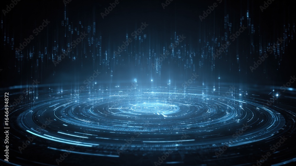 Poster futuristic data stream visualization: abstract technology background with blue concentric circles an