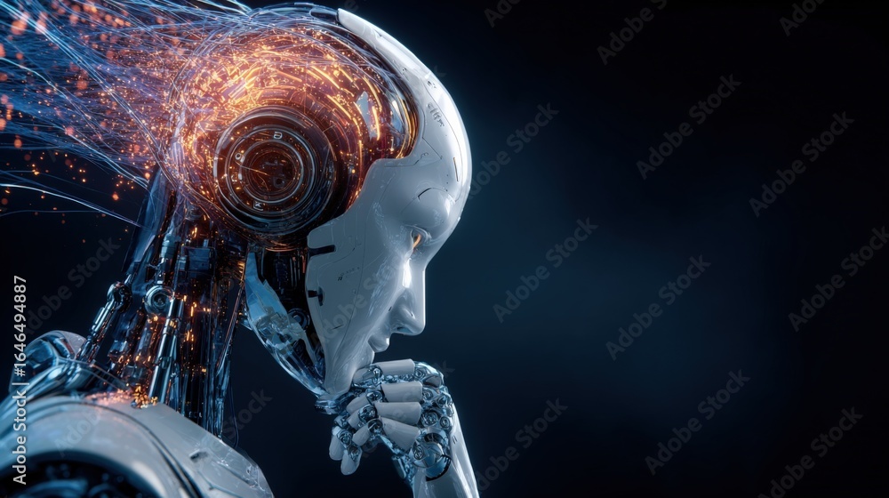 Poster humanoid robot thinking with glowing brain implying artificial intelligence, neural network, machine