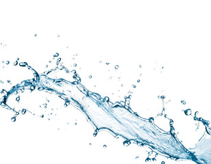 Dynamic splash of clear blue water with twisting forms and scattered droplets.