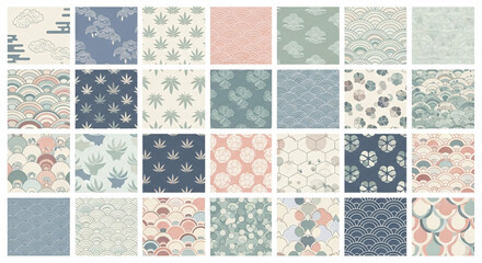 A large collection of seamless Japanese-inspired patterns with traditional wave, cloud, and geometric motifs.