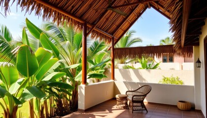 Fototapeta premium Open-air tropical patio with thatched roof, coconut and banana trees around, woven chair and small table, exotic design style