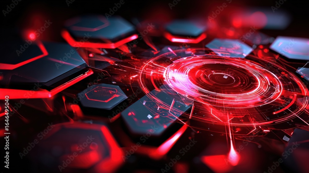 Poster futuristic technology abstract background with glowing red hexagons and concentric circles for high-