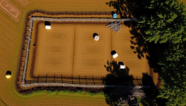 Overhead shot of a peaceful rural sheep farm with fenced zones, hay bales, and shadow-casting trees