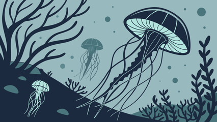 Jellyfish ocean life underwater vector illustration of marine animals and plants in deep sea scene design