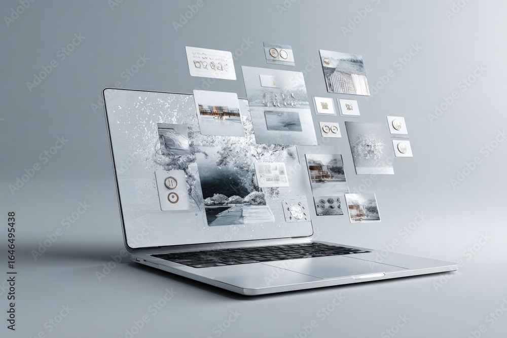 Poster laptop displaying floating images and data visualizations for modern digital workspace concepts