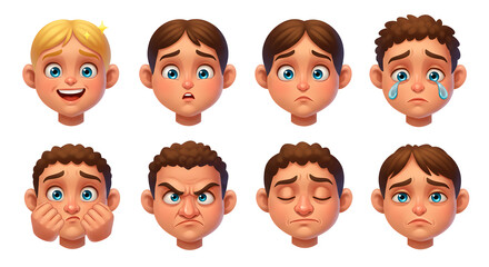 A vibrant collection of cartoon boy avatar faces illustrating a wide spectrum of childhood emotions from joy to sadness.