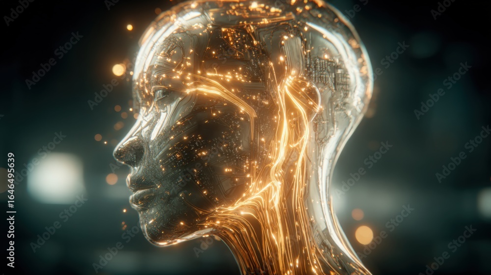 Poster artificial intelligence head with glowing neural network connections, representing future technology