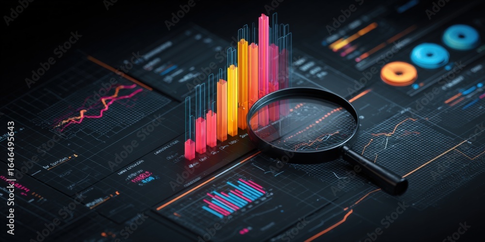 Poster financial analysis background with magnifying glass examining charts and data visualizations for bus