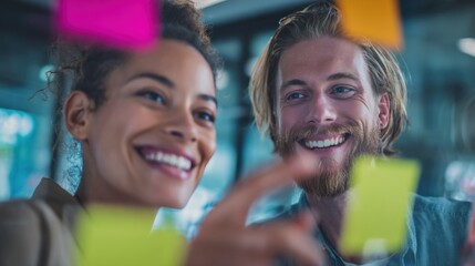 Diverse colleagues brainstorming ideas using sticky notes on glass board, collaborative project planning in modern office