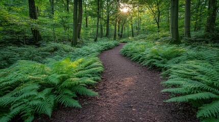 Serene Forest Pathway Surrounded by Lush Green Ferns at Sunrise