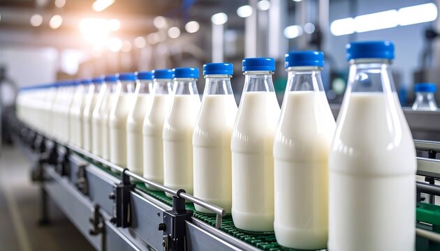 Milk bottles on a production line