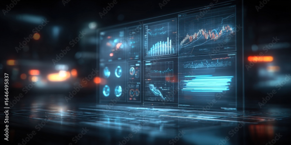 Poster futuristic data visualization interface displaying complex graphs and charts for financial analysis 