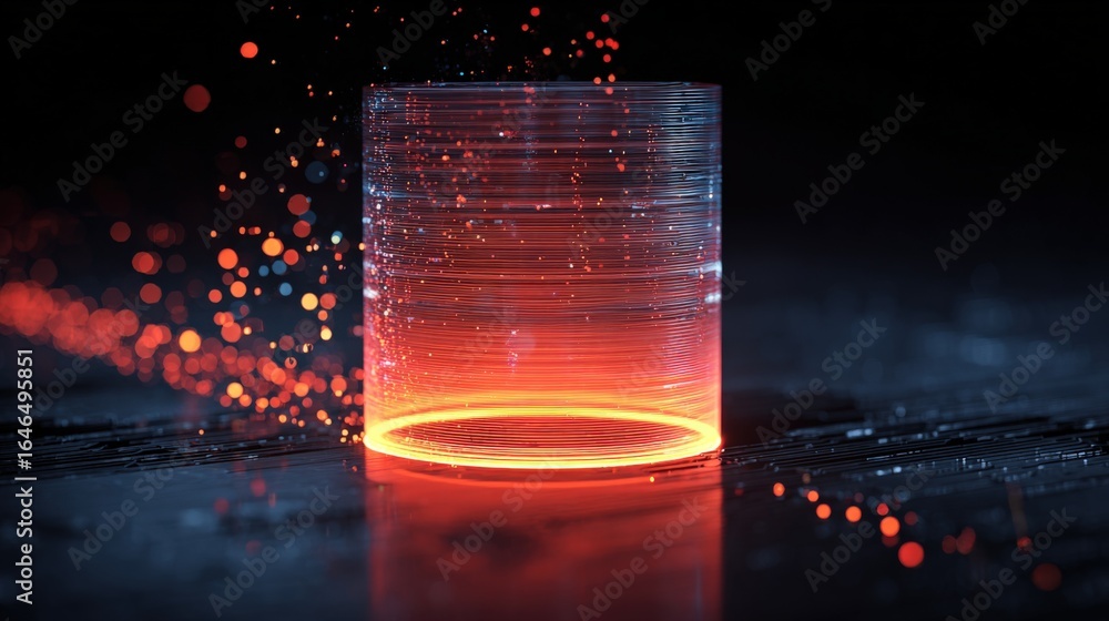 Aufkleber glowing cylinder with floating particles: abstract technology concept for presentations and futurist