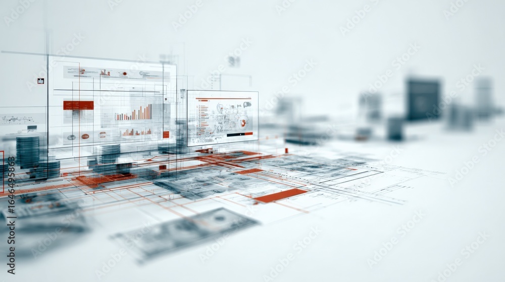 Poster financial data visualization with abstract charts and figures on digital display screen, futuristic 