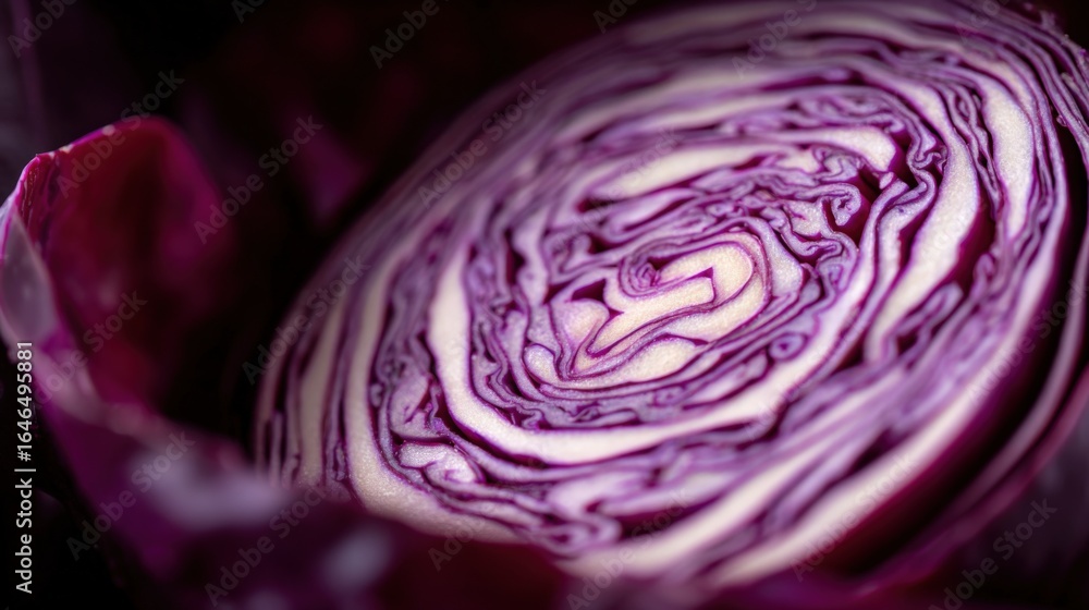 Poster vibrant close-up of a sliced red cabbage head revealing intricate patterns and textures, perfect for