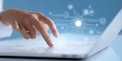 Fingers touch keyboard with digital overlay representing technology, artificial intelligence, and modern innovation on a laptop
