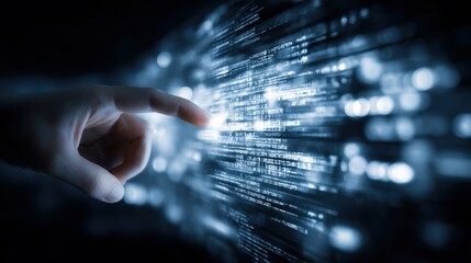 Futuristic Technology Interface: Hand Touching Holographic Data Stream, Representing Innovation, Artificial Intelligence, and Digital Transformation