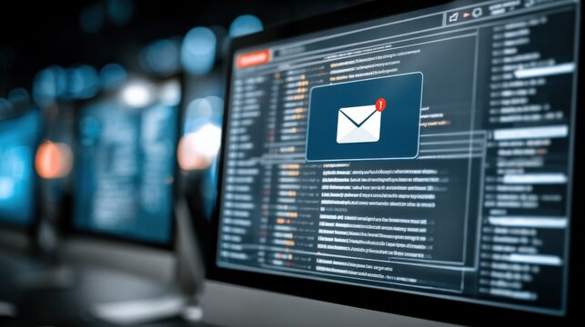 New Email Notification on Computer Screen Displaying Code, Representing Communication and Data