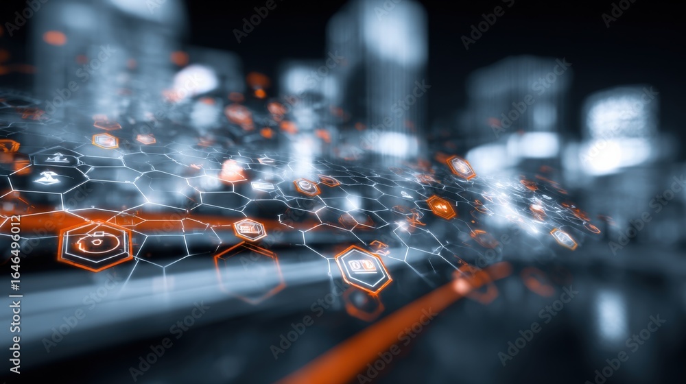 Poster abstract cityscape with digital network overlay: futuristic connectivity and data flow visualization
