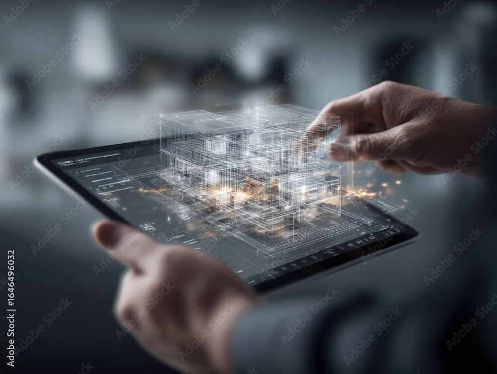 Poster architectural design on tablet: man interacting with 3d model for engineering and construction visua