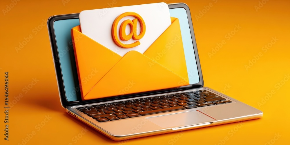Aufkleber e-mail communication concept showcasing an open envelope with an at sign on a laptop against a solid