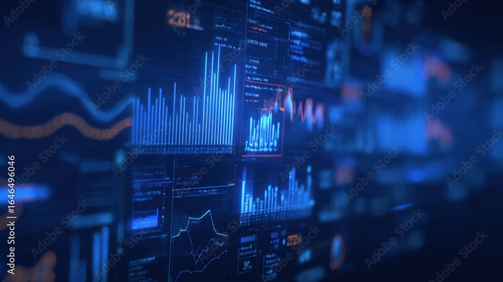Poster futuristic interface displaying dynamic data visualizations and analytics, ideal for technology and 