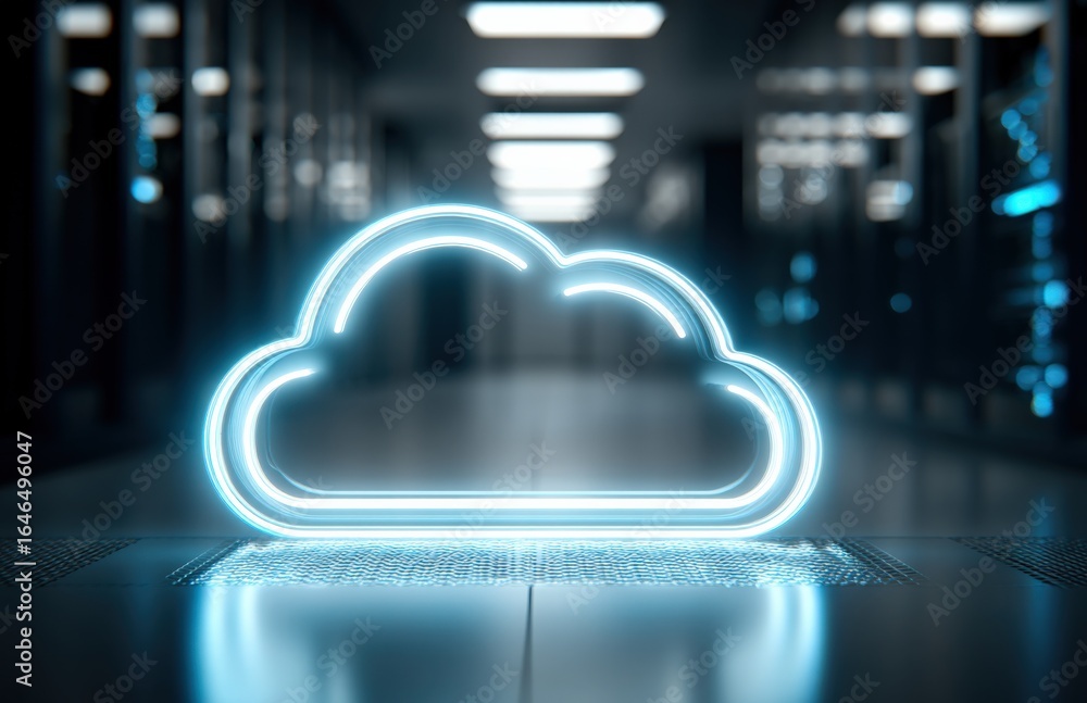 Poster digital cloud computing network concept: glowing cloud icon in server room environment