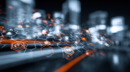 Abstract Cityscape with Digital Network Overlay: Futuristic Connectivity and Data Flow Visualization