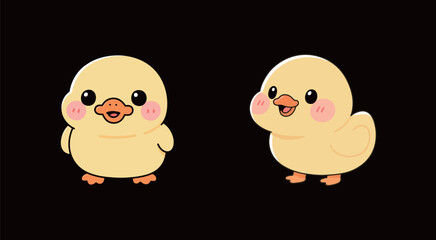 Two cute cartoon yellow ducklings with rosy cheeks, smiling and happily standing with cheerful expressions.