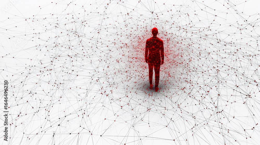 Poster a red figure stands within a complex network of interconnected lines and nodes on a white background