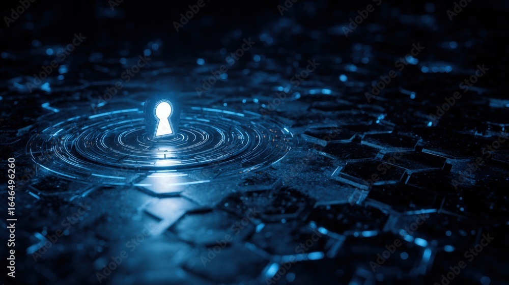 Poster abstract keyhole with glowing light on hexagonal surface, representing security and access