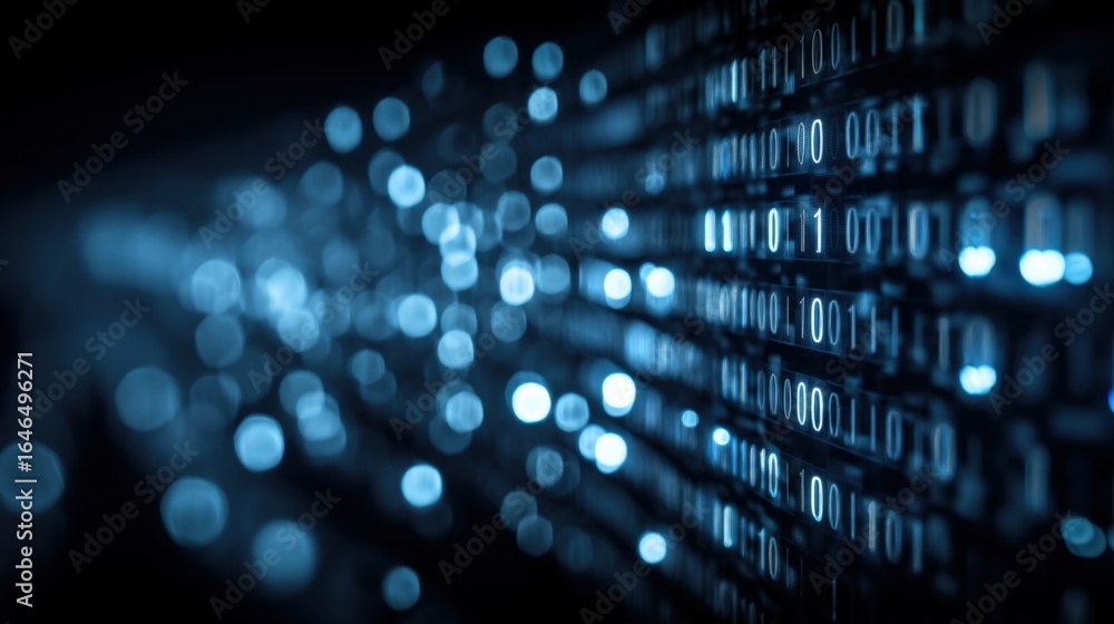 Poster abstract binary code background with blue tones, data stream and digital technology