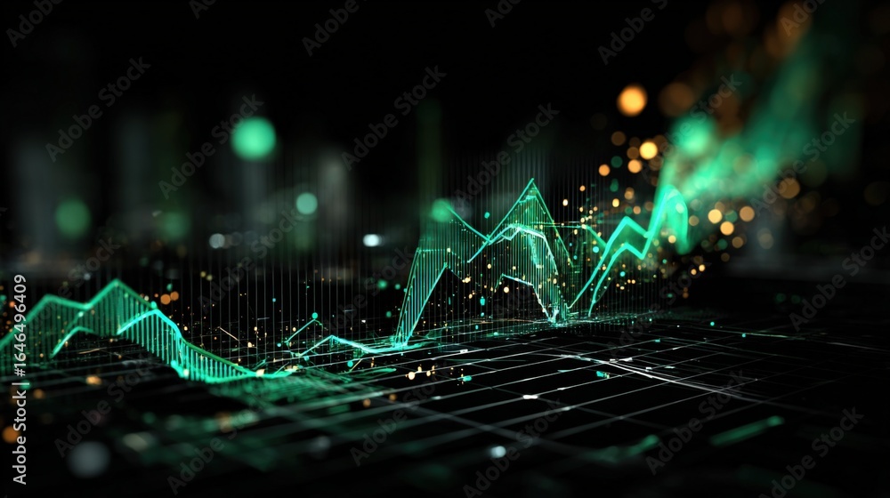 Poster abstract financial chart with green line graph and bokeh effect for business and investment concepts