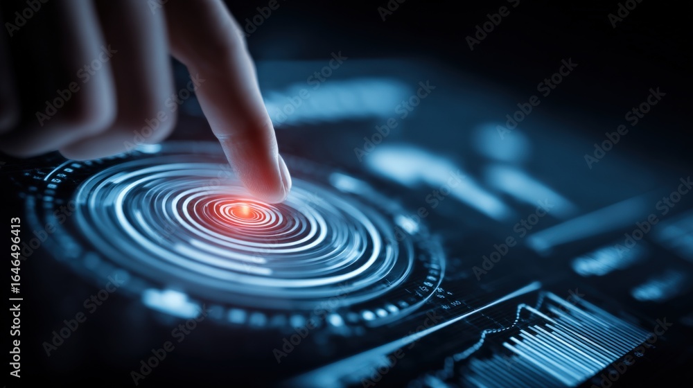 Poster finger touching digital interface with glowing data visualizations, technology-driven operations, an