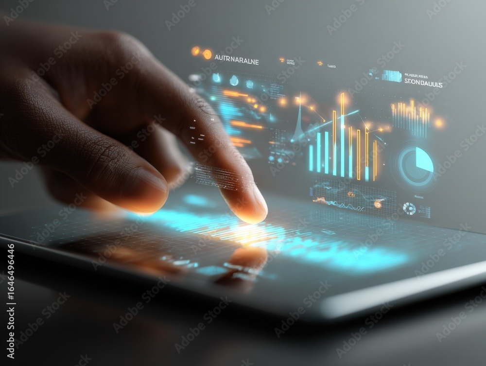 Poster futuristic technology interface with data visualization on tablet, hand interacting with advanced di