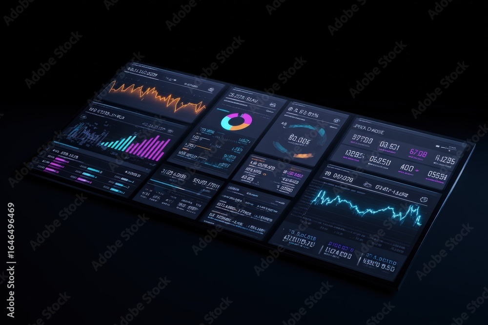 Poster futuristic data visualization interface displaying charts, graphs, and financial statistics on a dar