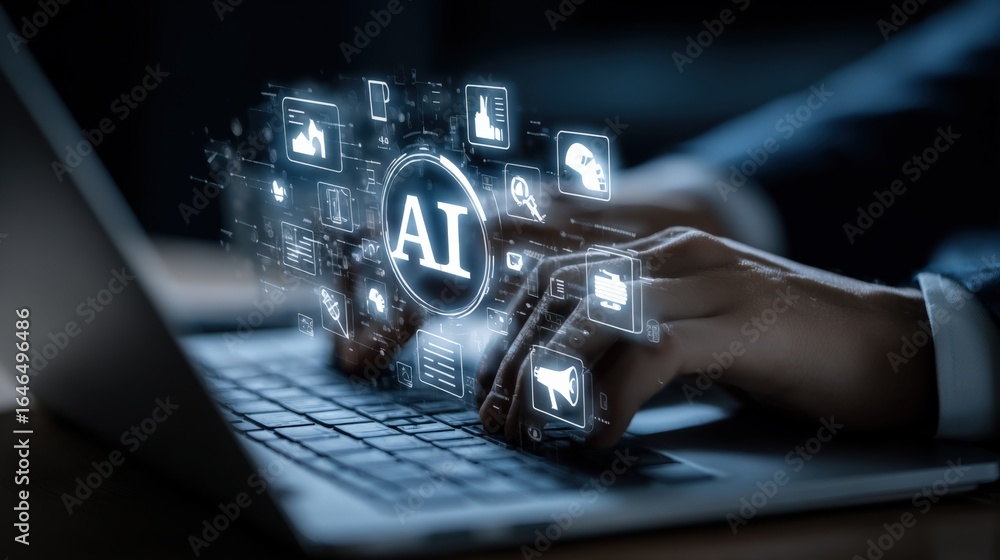 Aufkleber ai integration: hands typing on laptop with artificial intelligence interface overlay, illustrating 
