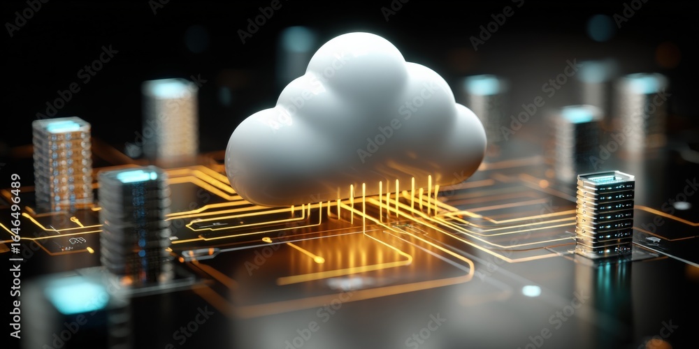 Poster cloud computing and data storage: digital cloud icon connected to servers via circuitry