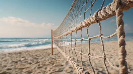 Obraz premium Beach volleyball net on sandy shore. Close-up perspective with ocean background. Summer sports and recreation concept. Design for banner, poster. High quality