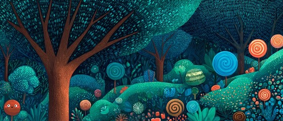 DOÇURA ONÍRICA: PAISAGEM DE DOCES E ÁRVORES ESTILIZADAS