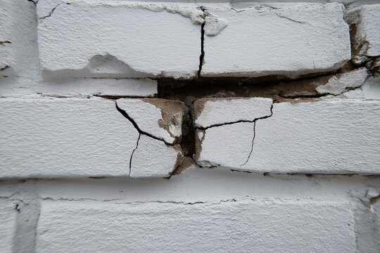 Cracked Wall with Weathered White Brick Texture: A Stark Minimalist Perspective on Aged Urban Infrastructure and Surface Deterioration