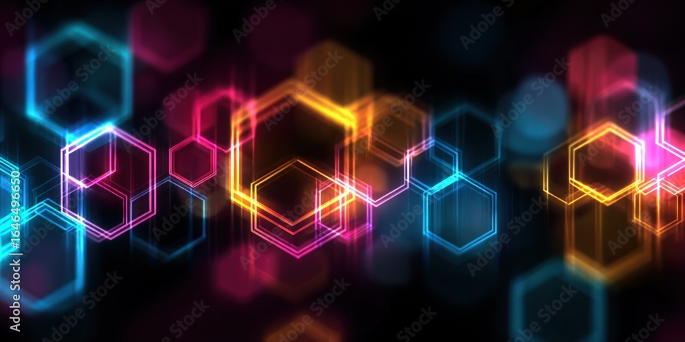 Poster colorful hexagon pattern glowing on black background - abstract futuristic technology and science ba
