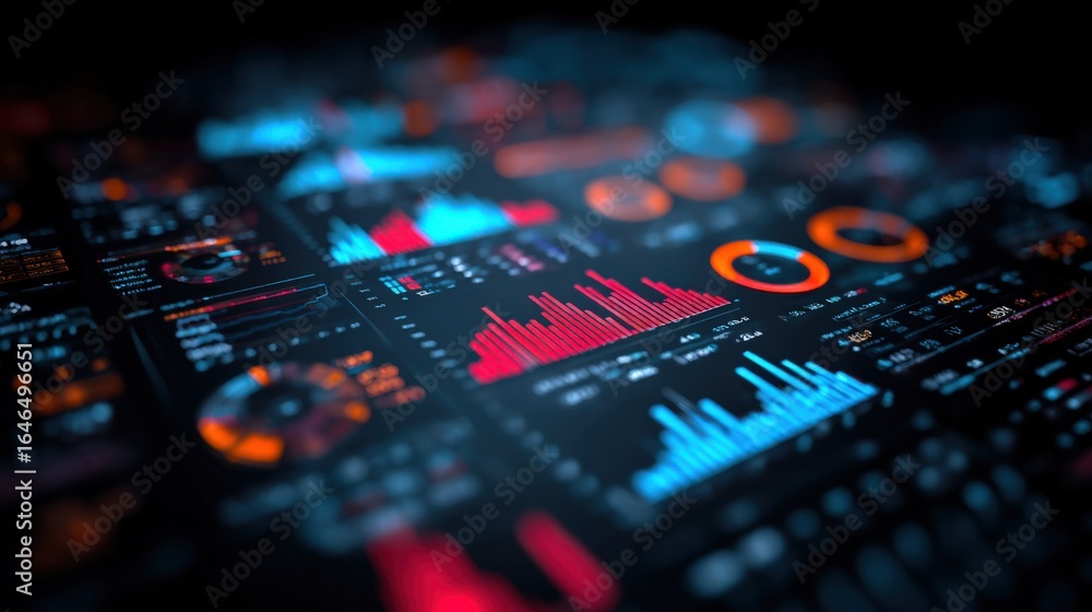 Poster abstract technology interface displaying data visualization, analytics, and chart graphics for finan