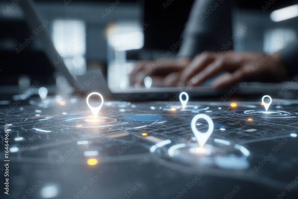 Poster hands using laptop on futuristic map with location pins representing technology and navigation