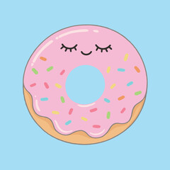 A cute cartoon doughnut with pink frosting and sprinkles, featuring a happy, sleepy face with closed eyes on a blue background.