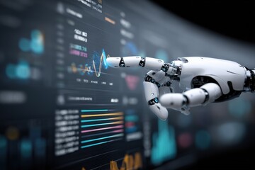 AI Robot Hand Interacting with Data Visualization on a Screen Depicting Technology Advancement and Future Innovation