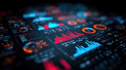 Obraz premium Abstract Technology Interface Displaying Data Visualization, Analytics, and Chart Graphics for Financial Analysis and Statistics
