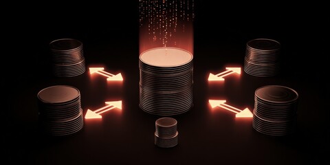 Data Transfer and Exchange: Abstract Network Visualization with Glowing Arrows and Connection Points on Dark Background