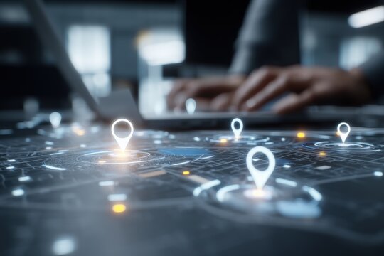 Hands Using Laptop on Futuristic Map with Location Pins Representing Technology and Navigation